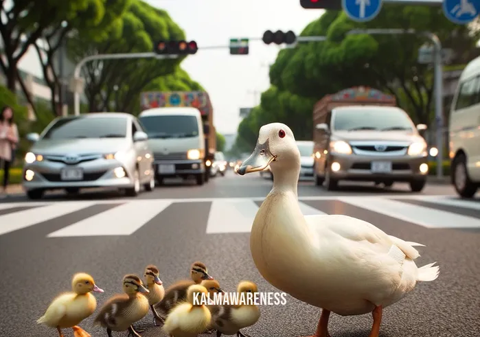 being gentle _ Image: A close-up of a mother duck and her ducklings trying to cross a busy road. Image description: The mother duck looks anxious as she leads her ducklings, while cars cautiously stop to let them pass.