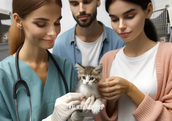 being gentle _ Image: A veterinarian examining one of the rescued kittens, providing medical care. Image description: The vet holds the kitten with a gentle touch, ensuring its well-being, while the volunteers look on with relief and hope.