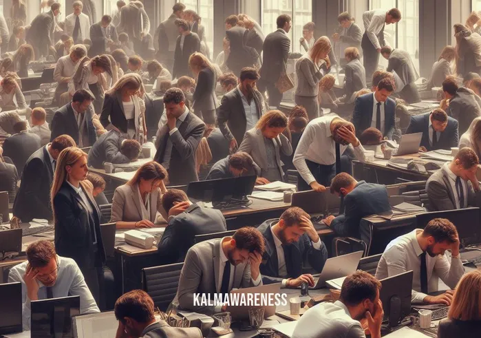 brussels mindfulness work _ Image: A crowded, bustling office in Brussels, with employees hunched over their desks, appearing stressed and overwhelmed.Image description: A chaotic office scene in Brussels, with employees immersed in work, looking stressed and fatigued.