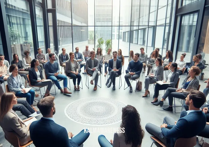 brussels mindfulness work _ Image: An indoor corporate meeting room in Brussels, with employees sitting in a circle, engaged in a mindful discussion, and sharing their thoughts openly.Image description: Employees in a Brussels meeting room, sitting in a circle, actively participating in a mindful discussion.