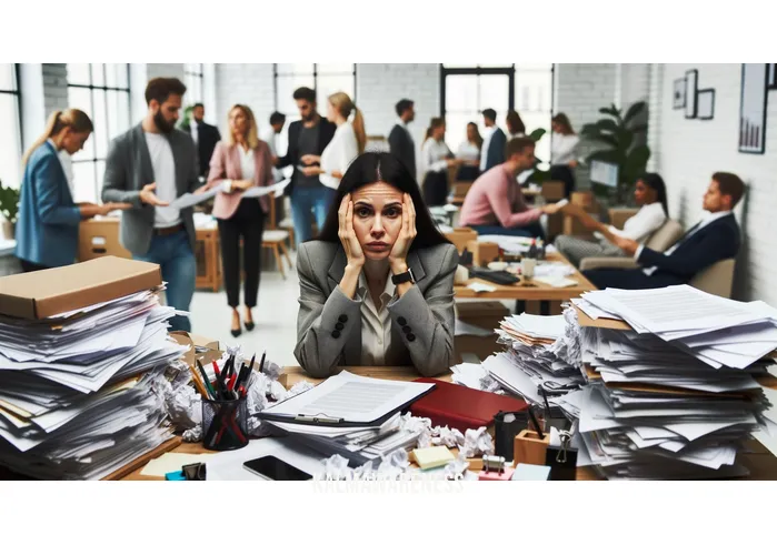 calmfulness _ Image: A cluttered desk with papers scattered, a person in a state of stress, and a busy office environment. Image description: A cluttered desk covered in scattered papers, a person with a furrowed brow surrounded by a bustling office, overwhelmed by work.