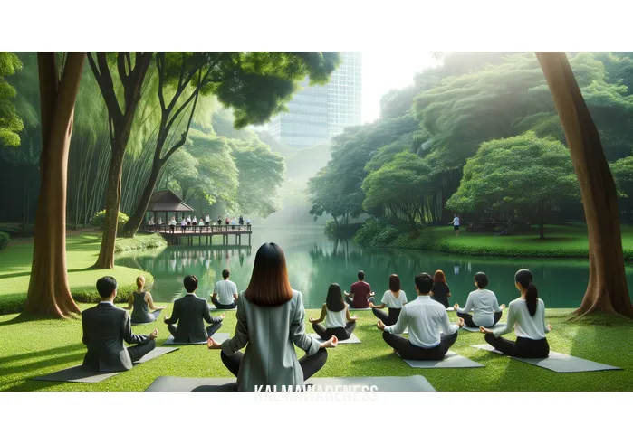 calmfulness _ Image: A tranquil nature scene, a person practicing yoga with others in a serene park, transitioning from stress to relaxation. Image description: In a serene park, a person joins others in practicing yoga, surrounded by nature