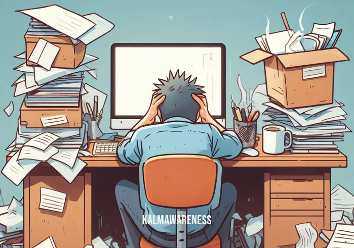 habitual thinking _ Image: A cluttered desk with papers, unfinished tasks, and a stressed person staring at a computer screen.Image description: A cluttered desk covered in papers, unopened mail, and half-empty coffee cups. A person sits slouched in front of a computer screen, looking overwhelmed and stressed.