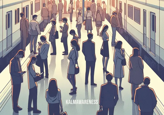 interpersonal mindfulness _ Image: A crowded subway platform during rush hour. Image description: People standing shoulder to shoulder, lost in their own thoughts, unaware of each other.