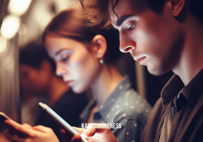 interpersonal mindfulness _ Image: A close-up of two people on the subway, each engrossed in their smartphones. Image description: A young man and woman, their faces illuminated by the glow of their screens, oblivious to their surroundings.