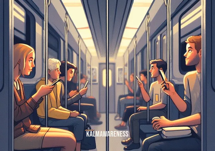 interpersonal mindfulness _ Image: The same subway scene, but with one person looking up from their phone, making eye contact with another passenger. Image description: A brief moment of connection as their eyes meet, signaling the start of mindfulness.