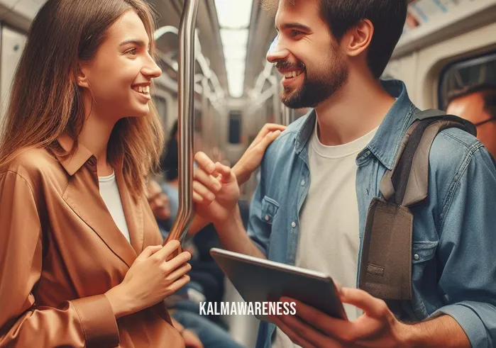 interpersonal mindfulness _ Image: The two passengers engaged in a friendly conversation, smiling and sharing stories. Image description: They are now fully present in the moment, enjoying a meaningful interaction amidst the busy subway.
