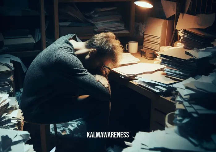 involves attaining a peaceful state of mind in which thoughts are not occupied by worry. _ Image: A person sitting in a cluttered, dimly lit room, surrounded by piles of papers and a disorganized workspace. Image description: A stressed individual hunched over a messy desk filled with papers and clutter, a look of worry on their face.