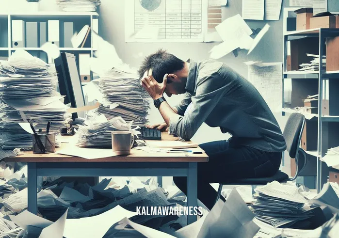 mindful background _ Image: A cluttered desk with scattered papers and a stressed-looking person hunched over it, surrounded by a chaotic office environment.Image description: A cluttered workspace filled with disorganized papers, stressed person attempting to work amid chaos.