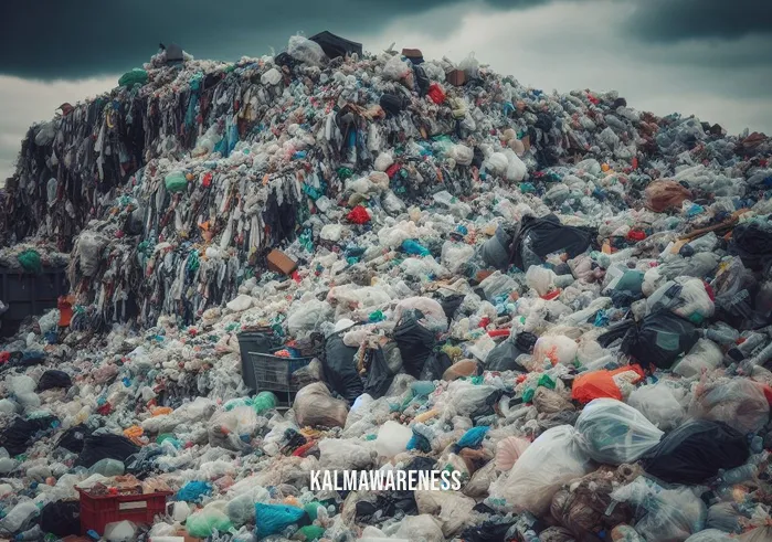 mindful brands _ Image: A cluttered landfill site with plastic waste piled high under a gloomy sky.Image description: A landfill overflowing with discarded plastic bottles, bags, and containers, representing the environmental problem of excessive waste.