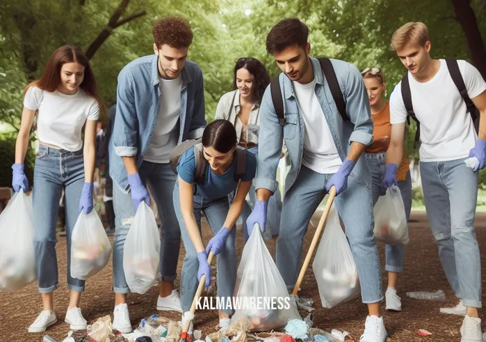mindful brands _ Image: A group of diverse volunteers wearing gloves and carrying reusable bags, cleaning up a park littered with trash.Image description: A team of volunteers working together to clean up a litter-strewn park, showcasing the first step towards a solution to waste pollution.