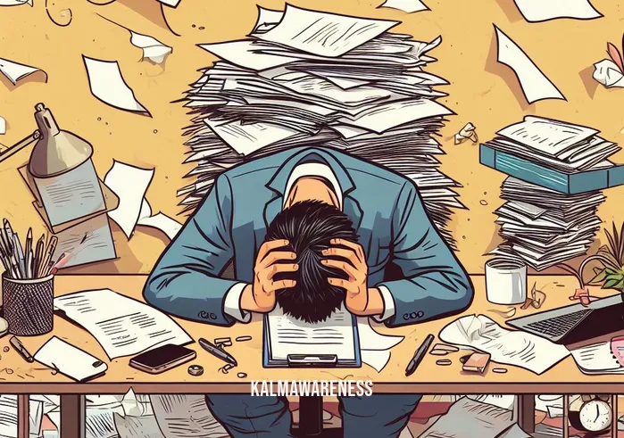 mindful enough _ Image: A cluttered desk with scattered papers, a stressed person hunched over it. Image description: A cluttered desk with scattered papers, a stressed person hunched over it.