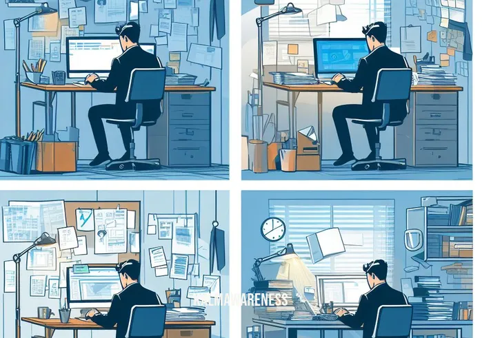 mindful enough _ Image: A workplace, now organized, with the same person from the first image calmly working. Image description: A workplace, now organized, with the same person from the first image calmly working.