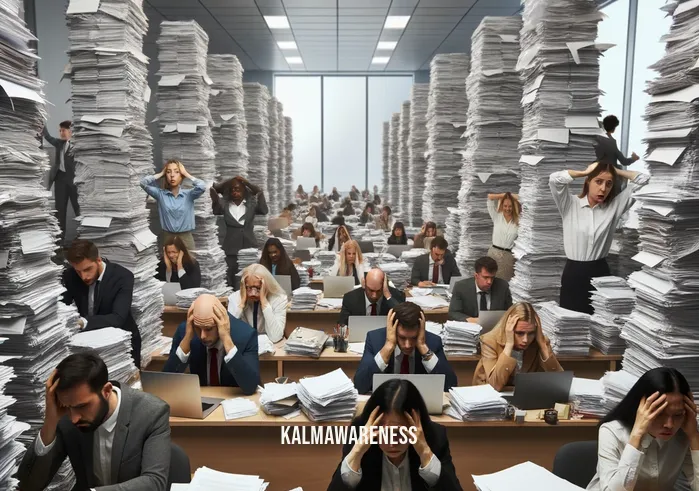 mindful icon _ Image: A chaotic office cubicle with cluttered desks and stressed employees. Image description: Office workers surrounded by piles of papers and looking overwhelmed.