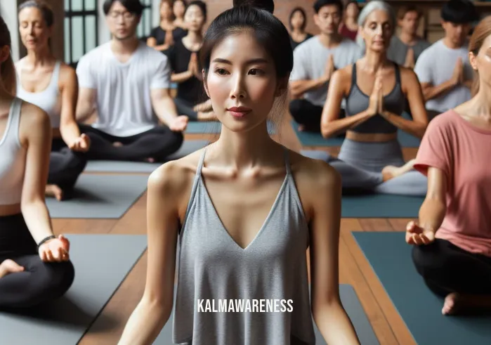 mindful icon _ Image: A group of people in a yoga class, engaged in deep breathing exercises. Image description: Yoga instructor guiding participants in a peaceful studio, promoting relaxation.