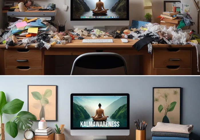 mindful logo _ Image: The same cluttered desk from the first image, now neat and organized, with a peaceful desktop screensaver. Image description: Transformation of the workspace after incorporating mindfulness practices.