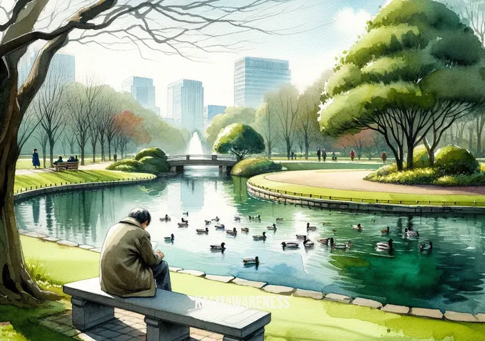 mindful moment _ Image: A tranquil park scene, with the person from the previous image sitting on a bench, surrounded by nature. Image description: A tranquil park scene, with the person from the previous image sitting on a bench, surrounded by nature.