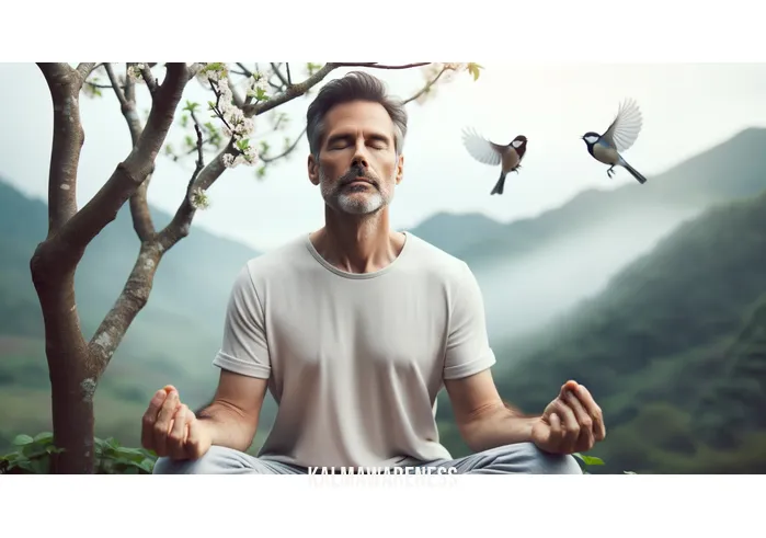 mindful moment _ Image: The person practicing mindfulness, eyes closed, and a serene expression, while birds chirp in the background. Image description: The person practicing mindfulness, eyes closed, and a serene expression, while birds chirp in the background.