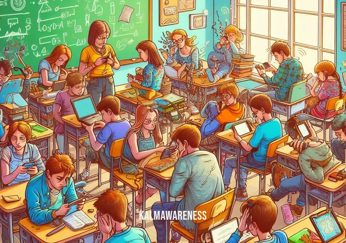 mindful play _ Image: A chaotic classroom with students fidgeting at their desks, distracted by electronic devices. Image description: In a cluttered classroom, students sit restlessly, glued to their screens, disengaged from learning.