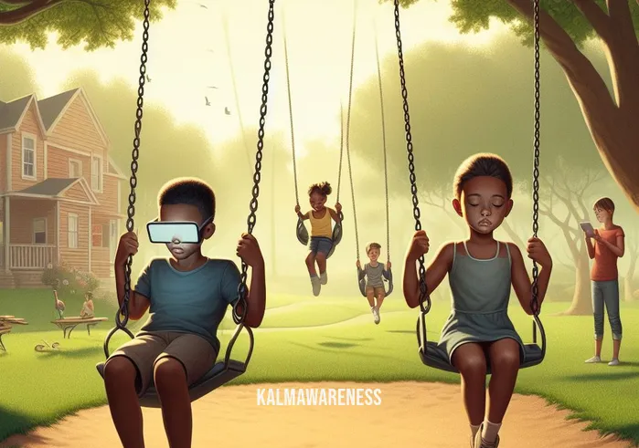 mindful play _ Image: A serene park setting with kids playing on swings, but their faces remain expressionless, lost in digital worlds. Image description: In a peaceful park, children swing mechanically, their faces masked by digital screens, disconnected from the beauty around them.