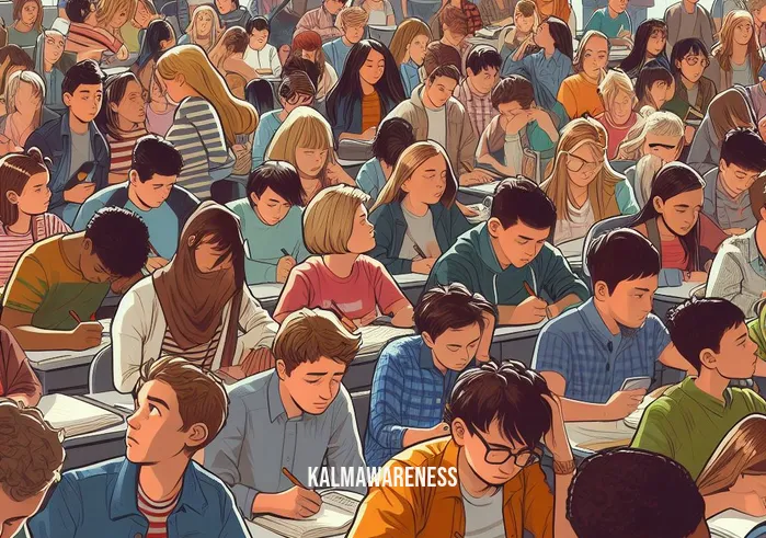 mindful schools jobs _ Image: A crowded and chaotic classroom filled with students of various ages and backgrounds, looking disengaged and restless. Image description: In a bustling classroom, students appear distracted, with teachers struggling to maintain order and focus.
