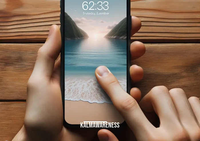 mindfulenough _ Image: A smartphone displaying a mindfulness app, showing a serene beach scene, with a person