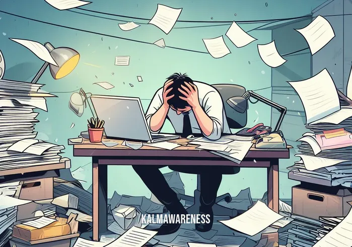 mindfulness chart _ Image: A cluttered desk with scattered papers, a stressed person looking overwhelmed. Image description: A cluttered workspace with scattered papers and a stressed individual trying to manage the chaos.