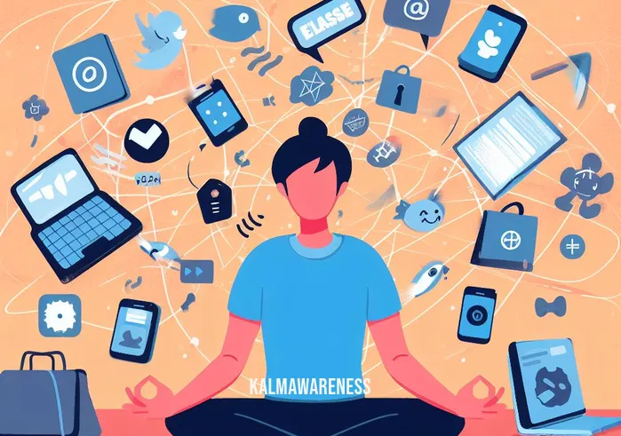 mindfulness chart _ Image: A person sitting cross-legged on a yoga mat, attempting to meditate amidst distractions. Image description: A person sits cross-legged on a yoga mat, struggling to find focus while various distractions surround them.