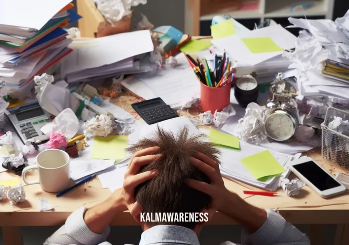 mindfulness hobbies _ Image: A cluttered desk with scattered papers and a stressed person in front of it. Image description: A cluttered desk covered in scattered papers and office supplies, with a person looking overwhelmed and stressed.