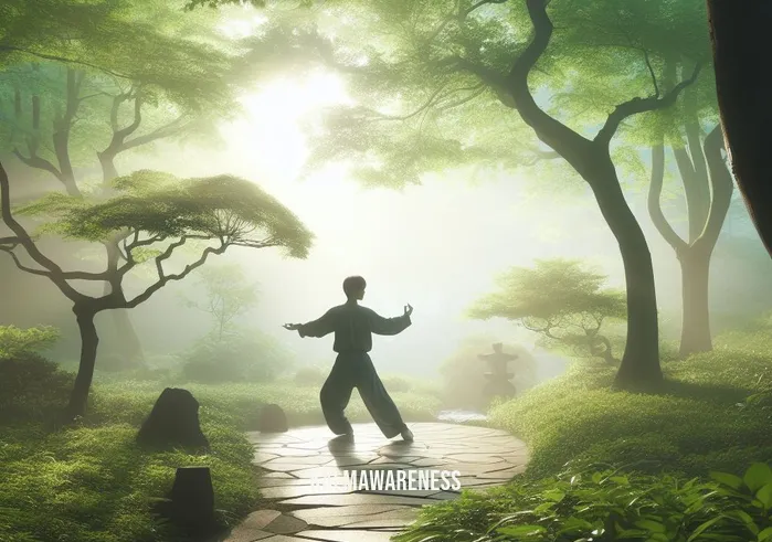 mindfulness hobbies _ Image: A serene outdoor scene with a person practicing tai chi in a peaceful park. Image description: A serene outdoor scene in a lush park, with a person gracefully practicing tai chi, surrounded by nature