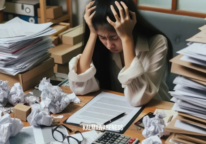 mindfulness impact factor _ Image: A cluttered desk with scattered papers, a stressed person with their head in their hands.Image description: A cluttered workspace with papers and documents strewn about. A person sits at the desk, visibly stressed, with their head in their hands.