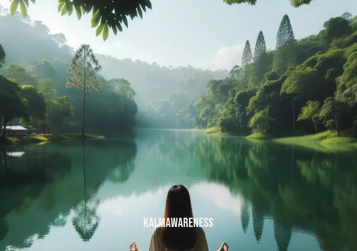 mindfulness impact factor _ Image: A serene outdoor scene with a person sitting by a tranquil lake, practicing mindfulness meditation.Image description: A picturesque outdoor scene by a tranquil lake. A person sits cross-legged, practicing mindfulness meditation, surrounded by the beauty of nature.