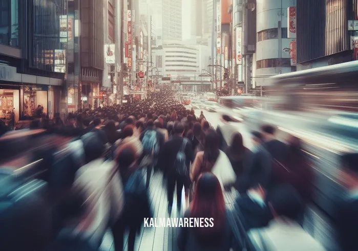 mindfulness in a sentence _ Image: A crowded, noisy city street during rush hour. Image description: People rushing past each other, lost in their own thoughts and stress.