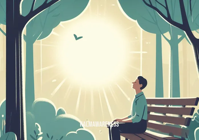 mindfulness in a sentence _ Image: A person sitting on a park bench, surrounded by a serene natural setting. Image description: They close their eyes, taking a deep breath, beginning to find inner calm.
