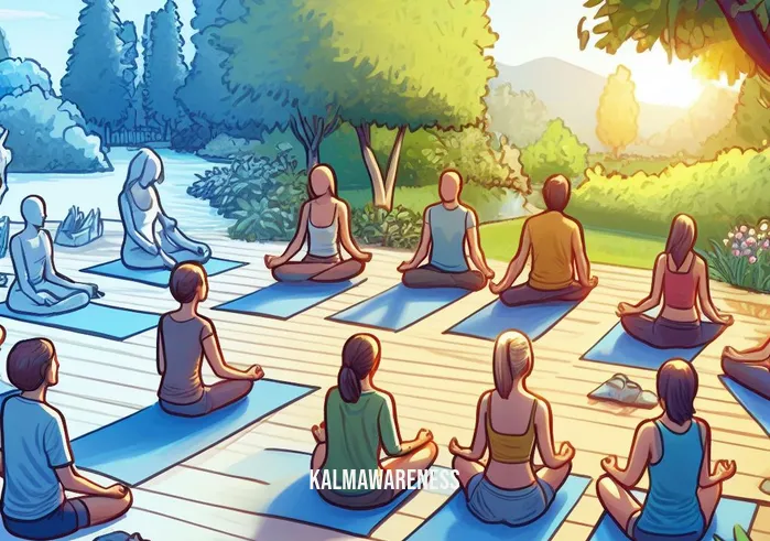 mindfulness in a sentence _ Image: The same person now engaged in a group yoga session in a peaceful garden. Image description: They participate with others, sharing a mindful, collective experience.