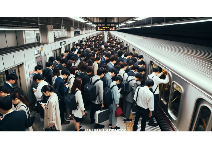mindfulness of others _ Image: A crowded subway platform during rush hour, people pushing and shoving to get on the train. Image description: Commuters on a bustling subway platform, impatient and inconsiderate, as they rush to board the train.