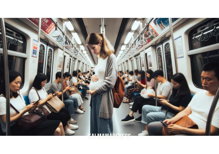 mindfulness of others _ Image: Inside the crowded subway car, a pregnant woman struggles to find a seat amidst indifferent passengers. Image description: A pregnant woman standing in a crowded subway car, her discomfort unnoticed by fellow commuters.