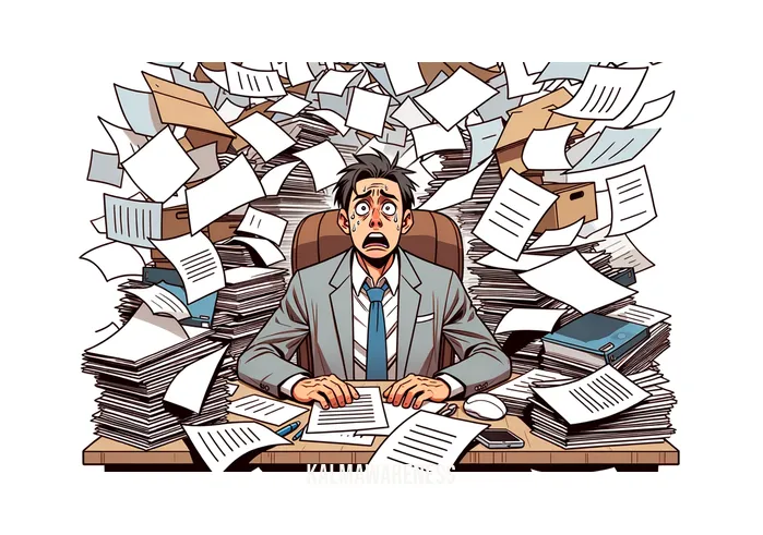 mindfulness rocks _ Image: A cluttered and chaotic desk covered in papers, a stressed person with a furrowed brow. Image description: An overwhelmed person