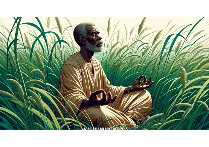 mindfulness rocks _ Image: A person sitting cross-legged outdoors, surrounded by tall grass and a serene natural environment, eyes closed in meditation. Image description: Finding solace in nature, a person meditates amidst tall grass, embracing mindfulness.