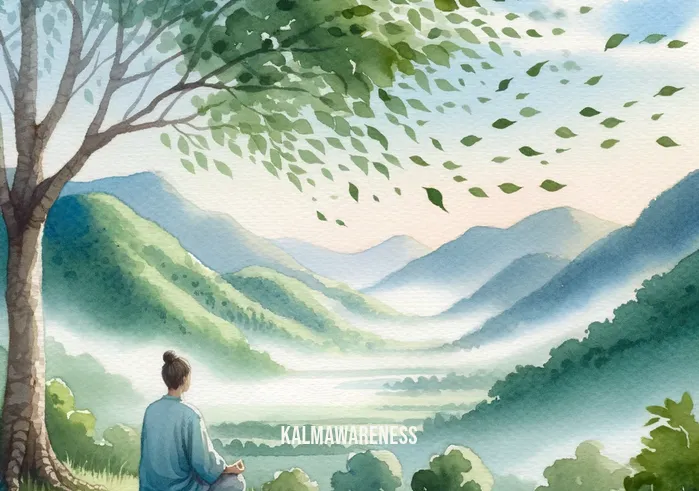 mindfulness rocks _ Image: The same person now with a calm and focused expression, practicing mindful breathing, as a gentle breeze rustles the leaves around them. Image description: Serenity prevails as the person practices mindful breathing, connected to nature