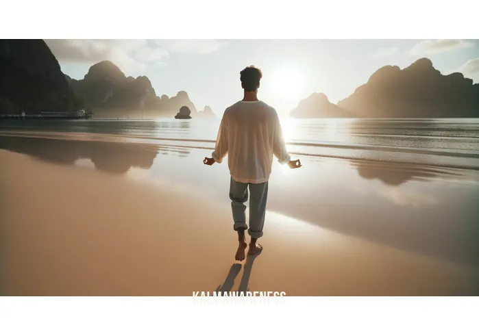 mindfulness rocks _ Image: The person peacefully engaged in a mindful walking meditation along a tranquil beach, footprints in the sand. Image description: Mindful walking on the beach, each step a meditation in itself, leaving imprints in the sand.