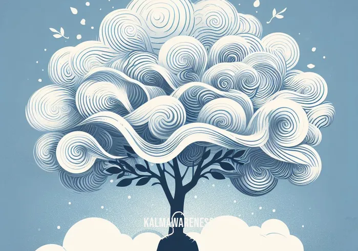mindfulness tree _ Image: A person sitting under a tree, eyes closed, surrounded by swirling thoughts represented as clouds.Image description: A lone figure sits beneath a tree, eyes closed in deep contemplation, while thought clouds swirl around them.