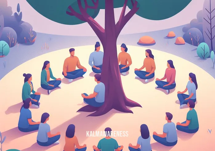 mindfulness tree _ Image: A small group of people joining the first person, all sitting in a circle under the tree, sharing a moment of mindfulness.Image description: A small group of individuals joins the first person, forming a circle beneath the tree, sharing a moment of mindfulness together.