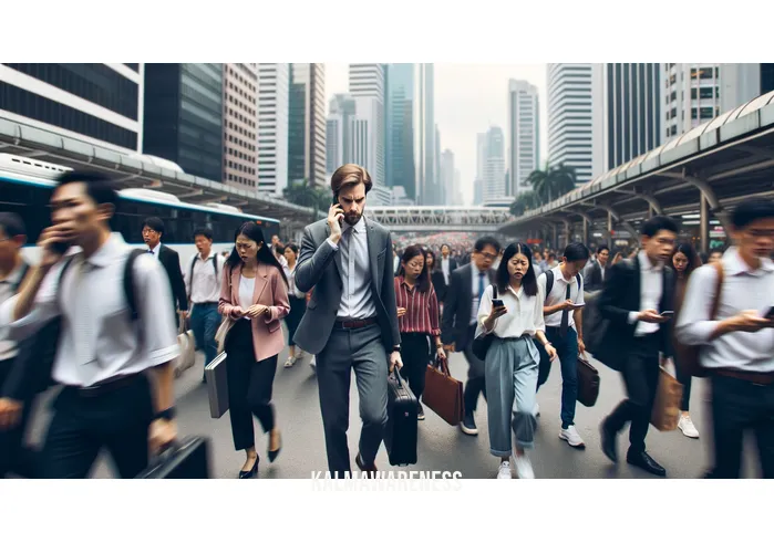 mindfulness vs awareness _ Image: A crowded, noisy city street during rush hour. Image description: People rushing, lost in thought, and appearing stressed.