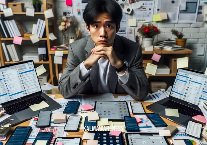 mindfulness vs awareness _ Image: A cluttered desk with a person looking overwhelmed by tasks and notifications. Image description: The individual appears anxious and distracted by digital devices.