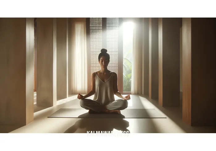 mindfulness vs awareness _ Image: A tranquil meditation room with soft lighting and a person meditating. Image description: The individual radiates calm and self-awareness, fully engaged in meditation.
