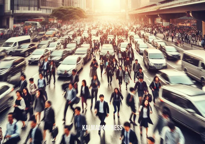 pause time _ Image: A crowded city street during rush hour, with people in a hurry, traffic jams, and a chaotic atmosphere. Image description: Commuters in suits and casual attire rushing amidst honking cars, creating a frenzied scene.