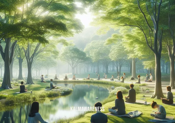 pause time _ Image: A serene park with a calm pond, surrounded by lush greenery, where people are sitting, meditating, and practicing mindfulness. Image description: Individuals in comfortable attire, peacefully engaged in yoga and meditation, finding solace in the tranquil park.