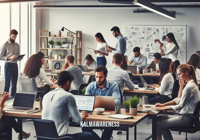 pause time _ Image: An office space filled with employees engaged in deep work, with laptops, notebooks, and a whiteboard filled with productive ideas. Image description: Focused professionals collaborating in a well-organized office, embodying a harmonious work environment.