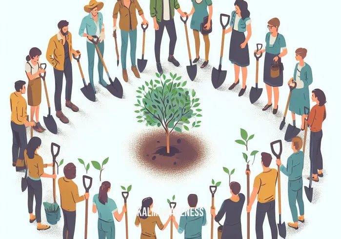 plant yourself _ Image: A diverse group of people, young and old, gathered around, holding shovels and saplings.Image description: A community comes together, diverse in age and background, standing in a circle. They hold shovels and saplings, ready to make a change for the environment.